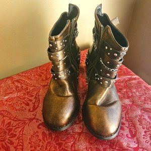 Bronze Metallic finish ankle boots with Chain and stud trim.